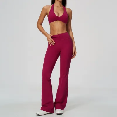 Women Fashion Solid Color Sanding Halter-Neck Backless Bra Flared Pants Thin High Elastic Yoga Two-Piece Set
