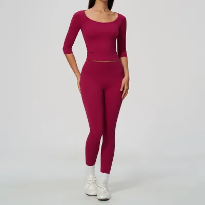 Women Fashion Solid Color Sanding Short-Sleeve T-Shirt Tight High Pants Elastic Sports Two-Piece Set
