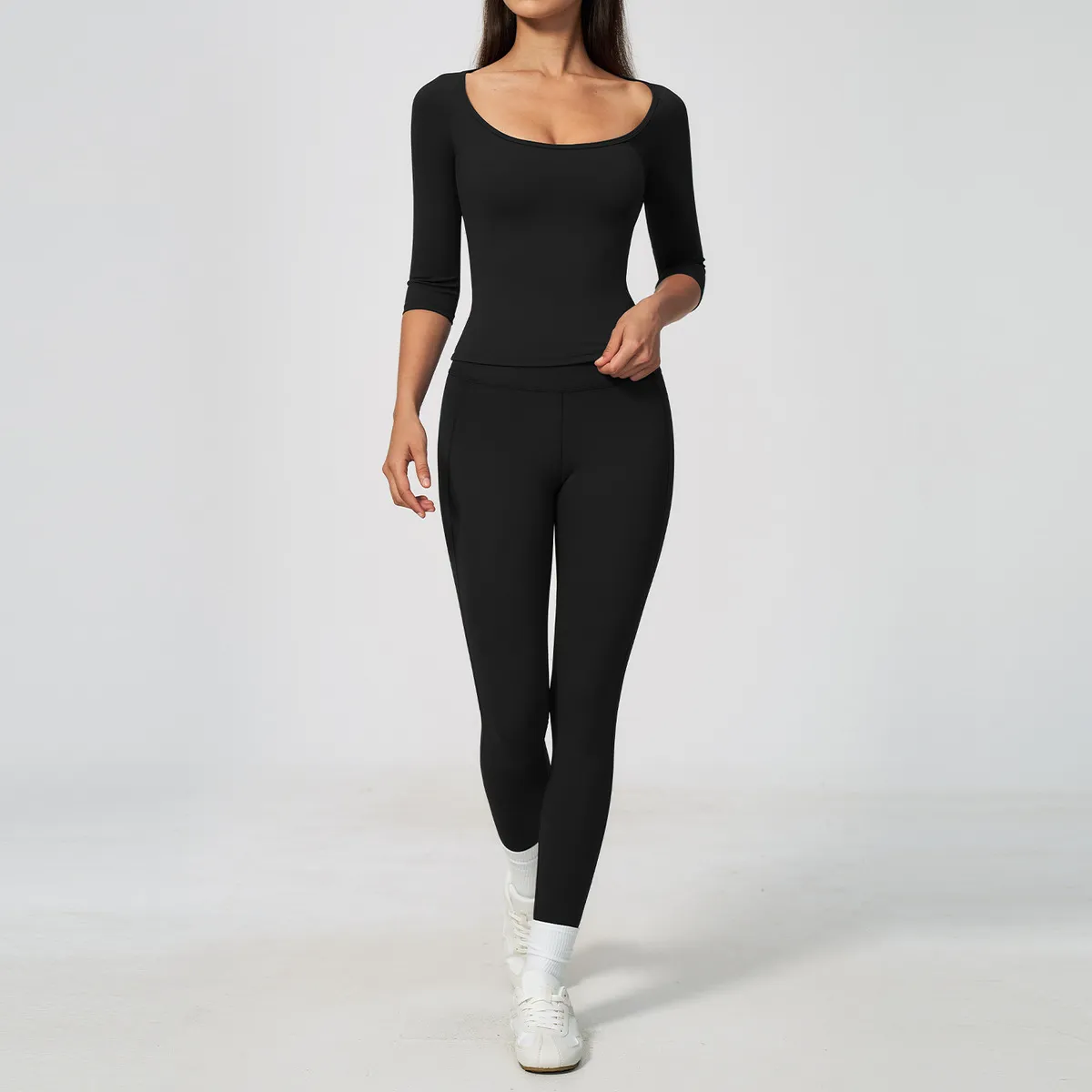 Women Fashion Solid Color Sanding Short-Sleeve T-Shirt Tight High Pants Elastic Sports Two-Piece Set