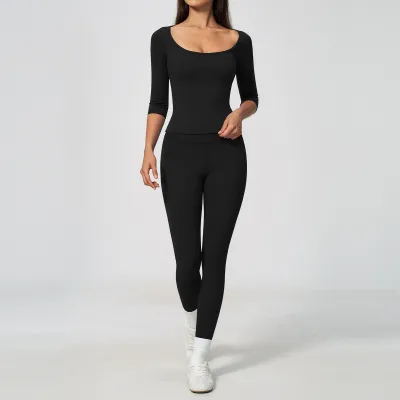 Women Fashion Solid Color Sanding Short-Sleeve T-Shirt Tight High Pants Elastic Sports Two-Piece Set