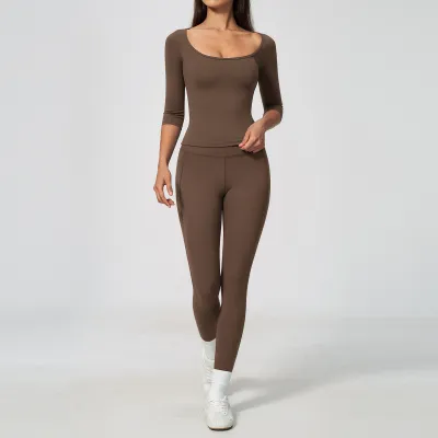 Women Fashion Solid Color Sanding Short-Sleeve T-Shirt Tight High Pants Elastic Sports Two-Piece Set