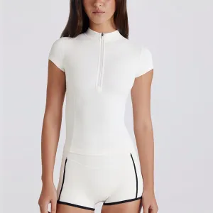 Women Fashion Short-Sleeve Zipper T-Shirt Tight Shorts Quick-Dry Yoga Sports Two-Piece Set