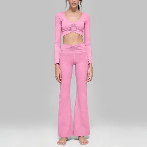 Women Fashion Solid Color Long-Sleeve Crop Top High Elastic Pleated Loose Pants Sports Two-Piece Set