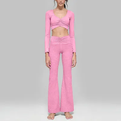 Women Fashion Solid Color Long-Sleeve Crop Top High Elastic Pleated Loose Pants Sports Two-Piece Set