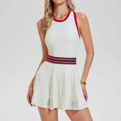 Women Fashion Contrast Color Sleeveless Pleated Sports Tennis Dress