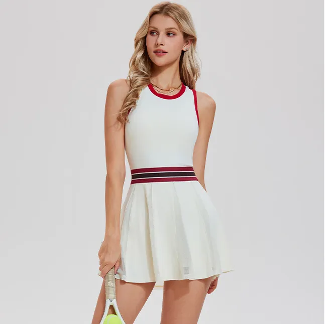 Women Fashion Contrast Color Sleeveless Pleated Sports Tennis Dress