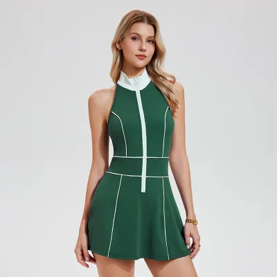 Women Fashion Contrast Color Naked Zipper Sleeveless Slim-Fit Yoga Sports Tennis Dress