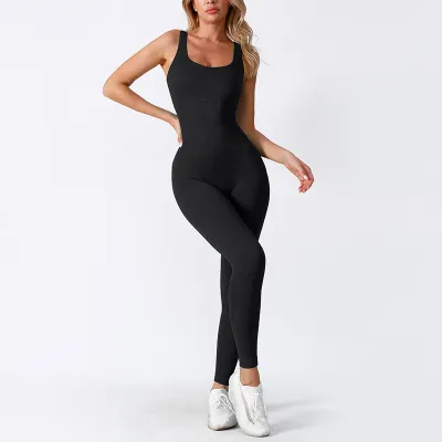 Women Fashion Solid Color Ribbed Sleeveless Yoga Jumpsuit