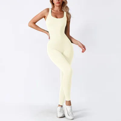 Women Fashion Solid Color Ribbed Sleeveless Yoga Jumpsuit