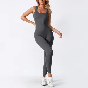 Women Fashion Solid Color Ribbed Sleeveless Yoga Jumpsuit