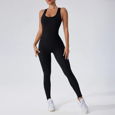 Women Fashion Solid Color Sleeveless Backless Quick-Drying Yoga Tight Jumpsuits