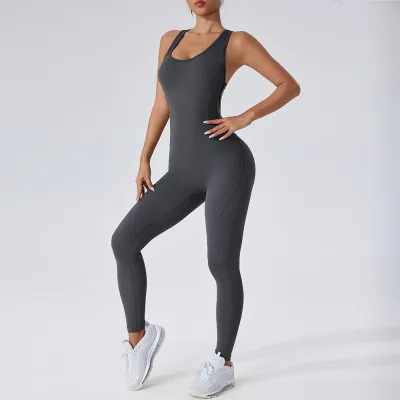 Women Fashion Solid Color Sleeveless Backless Quick-Drying Yoga Tight Jumpsuits