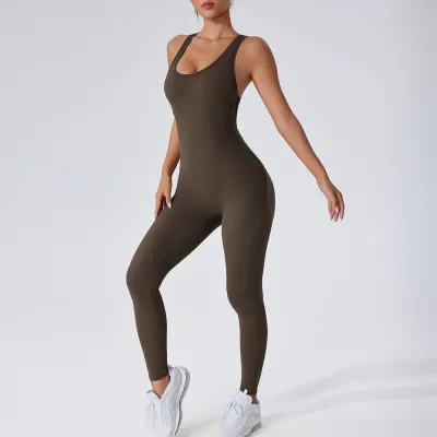 Women Fashion Solid Color Sleeveless Backless Quick-Drying Yoga Tight Jumpsuits
