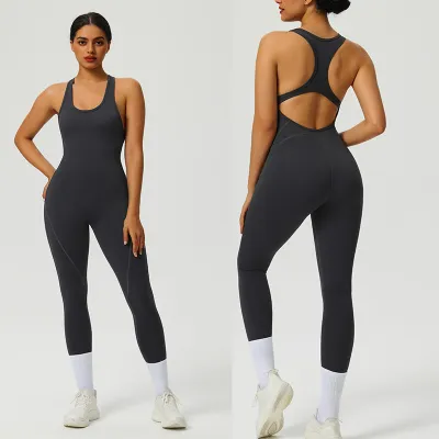 Women Fashion Solid Color Sleeveless Backless Quick-Drying Yoga Tight Jumpsuits
