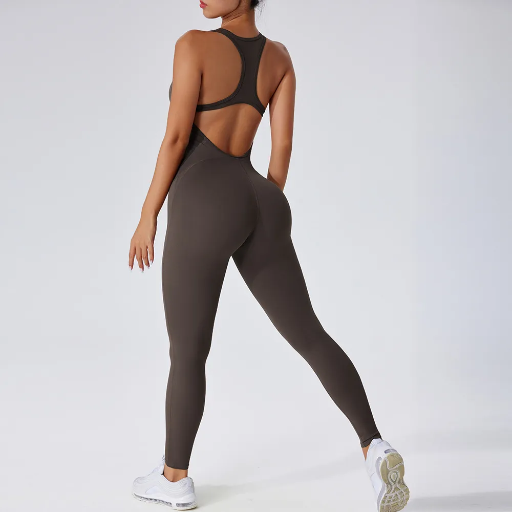 Women Fashion Solid Color Sleeveless Backless Quick-Drying Yoga Tight Jumpsuits