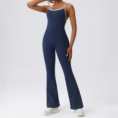 Women Fashion Contrast Spaghetti-Strap Backless Yoga Sports Jumpsuits