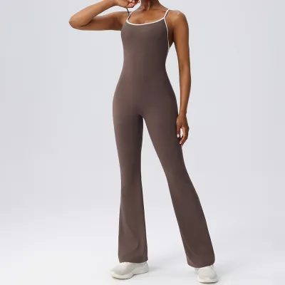 Women Fashion Contrast Spaghetti-Strap Backless Yoga Sports Jumpsuits