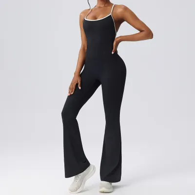 Women Fashion Contrast Spaghetti-Strap Backless Yoga Sports Jumpsuits
