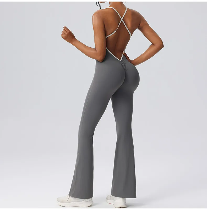 Women Fashion Contrast Spaghetti-Strap Backless Yoga Sports Jumpsuits