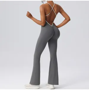 Women Fashion Contrast Spaghetti-Strap Backless Yoga Sports Jumpsuits