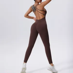 Women Fashion Solid Color Spaghetti-Strap Backless Quick-Drying Tight Yoga Jumpsuit