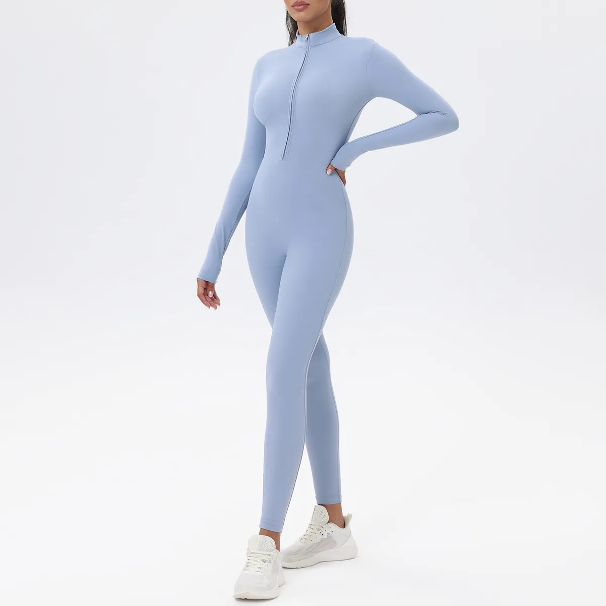 Women Fashion Solid Color Long-Sleeve Zipper Tight Yoga Sports Jumpsuits