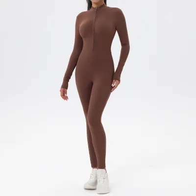 Women Fashion Solid Color Long-Sleeve Zipper Tight Yoga Sports Jumpsuits