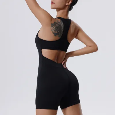 Women Fashion Solid Color Sleeveless With Chest Pad Zipper Backless Yoga Rompers