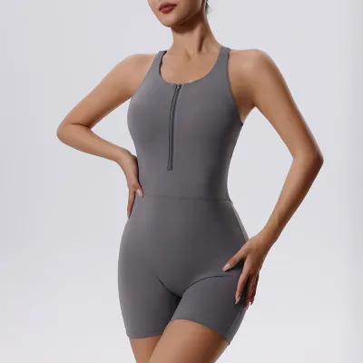 Women Fashion Solid Color Sleeveless With Chest Pad Zipper Backless Yoga Rompers