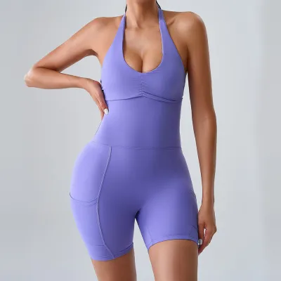 Women Fashion Solid Color Halter-Neck Sleeveless With Chest Pad Backless Yoga Sports Rompers