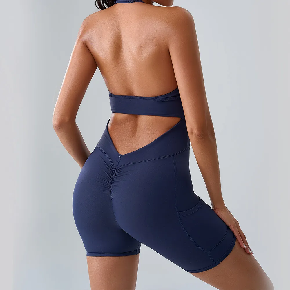 Women Fashion Solid Color Halter-Neck Sleeveless With Chest Pad Backless Yoga Sports Rompers
