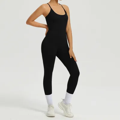 Women Fashion Solid Color Spaghetti-Strap Backless Yoga Sports Jumpsuits
