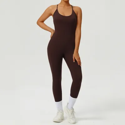 Women Fashion Solid Color Spaghetti-Strap Backless Yoga Sports Jumpsuits