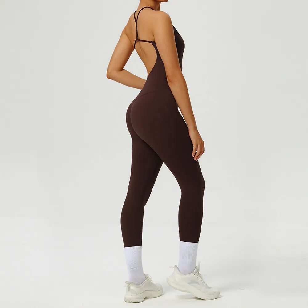 Women Fashion Solid Color Spaghetti-Strap Backless Yoga Sports Jumpsuits
