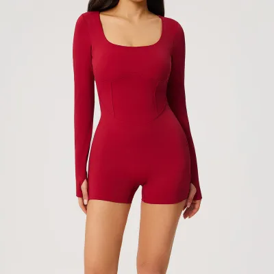 Women Fashion Solid Color Long Sleeve With Chest Pad Backless Tight Yoga Rompers