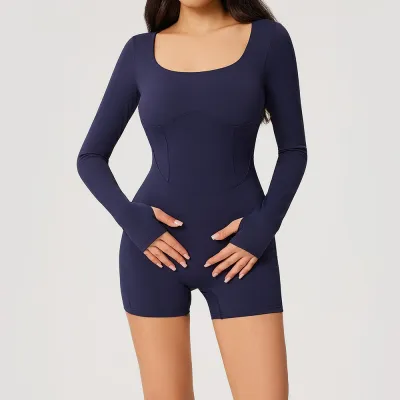 Women Fashion Solid Color Long Sleeve With Chest Pad Backless Tight Yoga Rompers