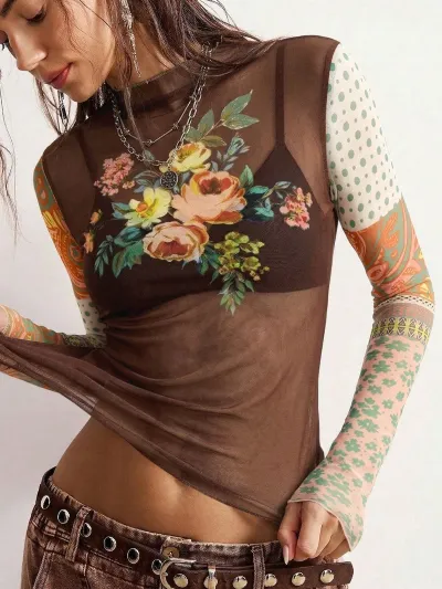 Women Fashion Casual Mesh Printed Slim-Fit Long Sleeve T-Shirt