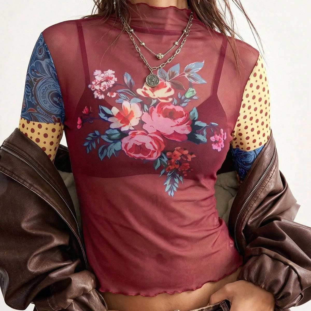 Women Fashion Casual Mesh Printed Slim-Fit Long Sleeve T-Shirt