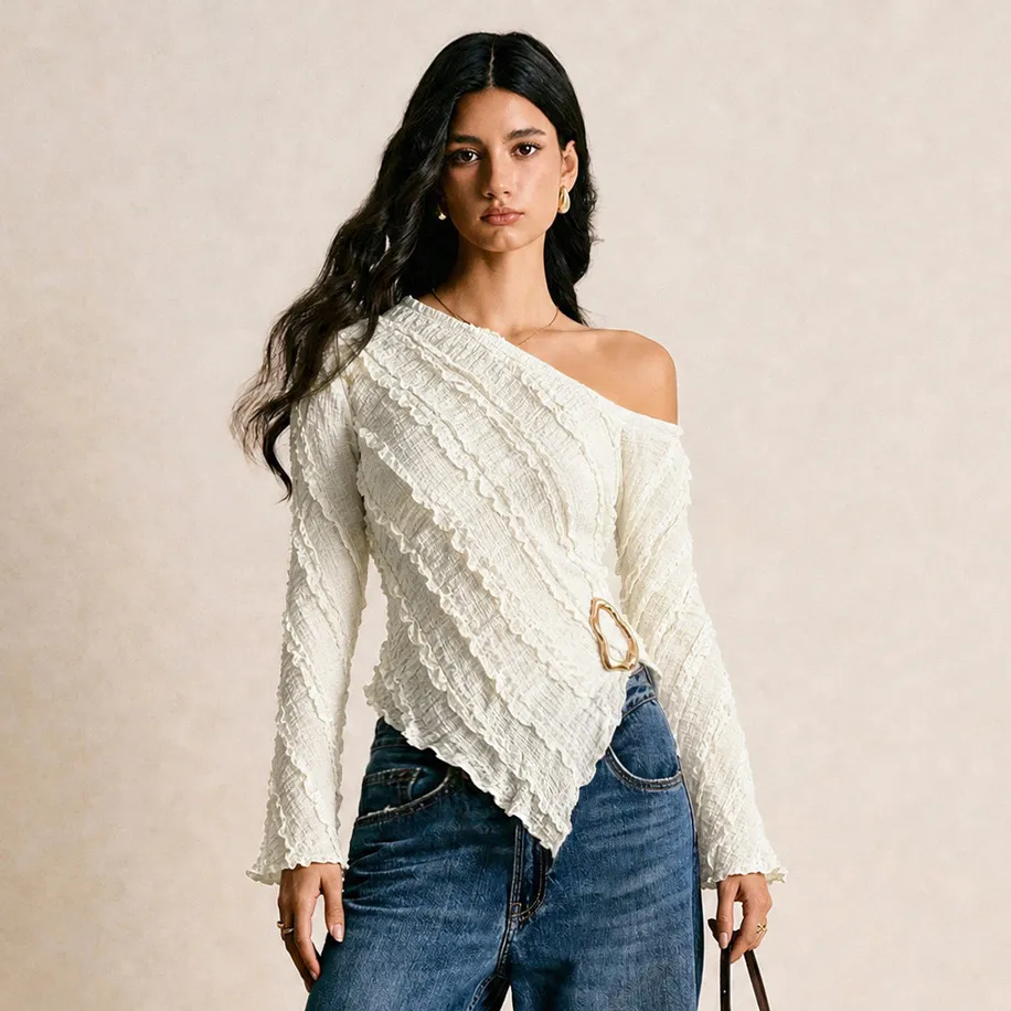 Women Fashion Solid Color Texture Irregular Slanted Shoulders Long Horn Sleeve Tight Waist T-Shirt