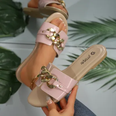 Fashion Solid Color Metal Decorative Round Flat Slippers