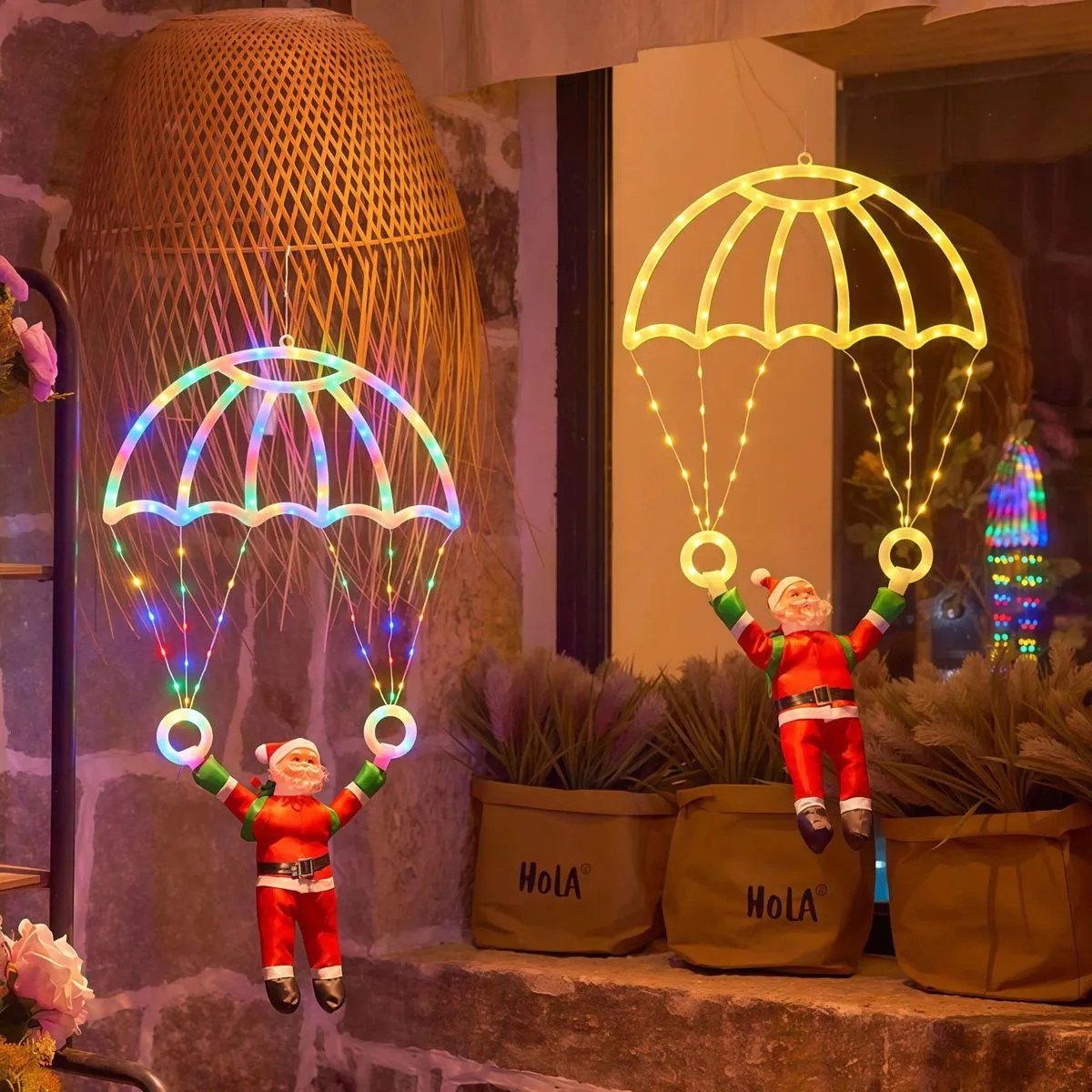 Christmas Led Neon Santa Parachute Scene Layout Window Hanging Christmas Decoration Lights