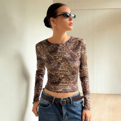 Women Fashion Sexy Leopard Mesh Perspective Long-Sleeve Slim-Fit T-Shirt
