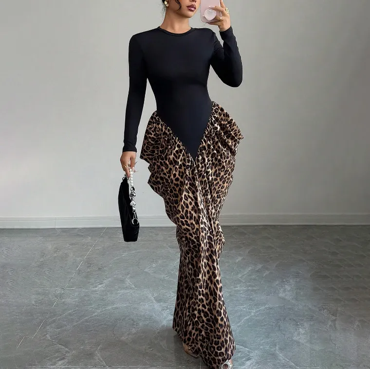 Women Fashion Elegant Leopard Black Stitching Long Sleeve Irregular Pleated Party Dress