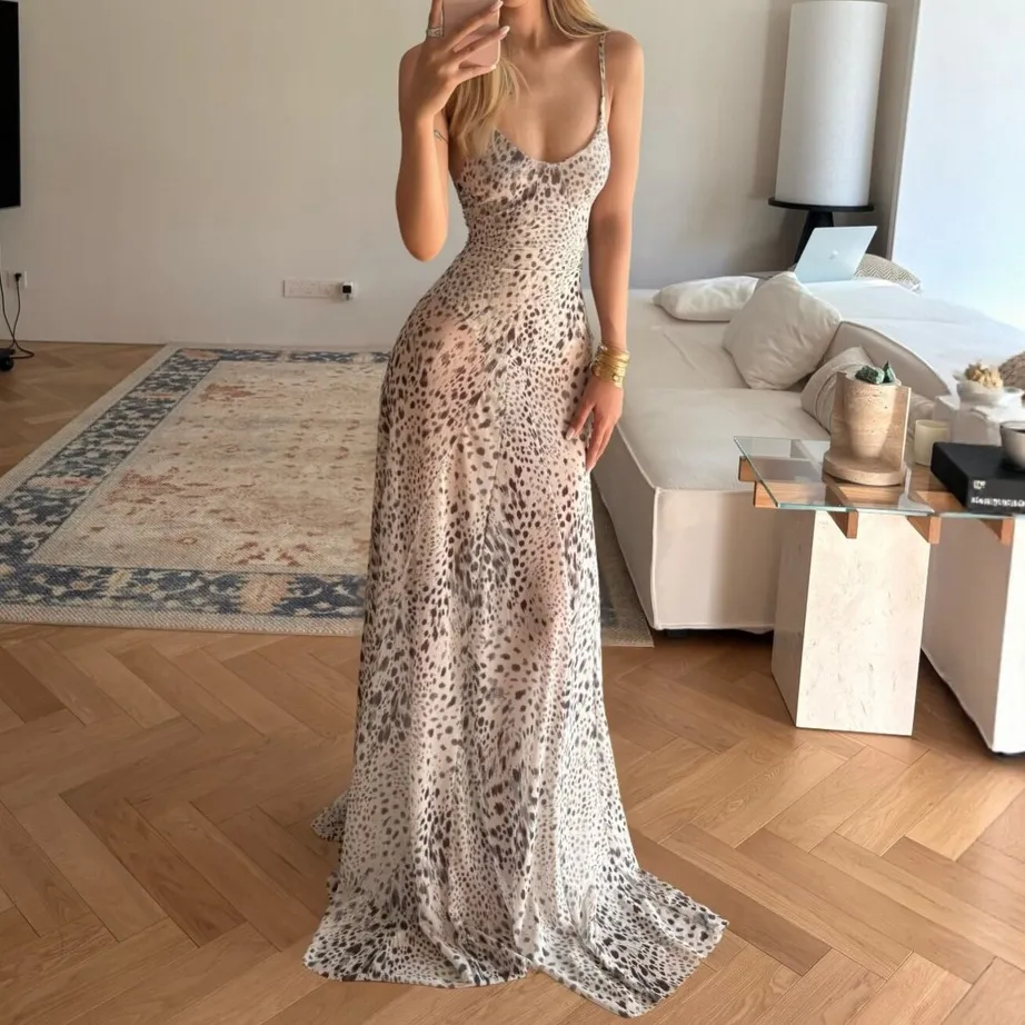 Women Fashion Sexy Summer Leopard Spaghetti Strap Dress