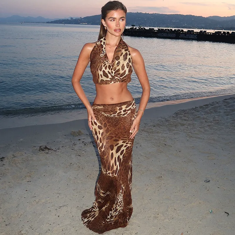Women'S Fashion Sexy Leopard V-Neck Sleeveless Crop Top Maxi Skrit Two-Piece Set