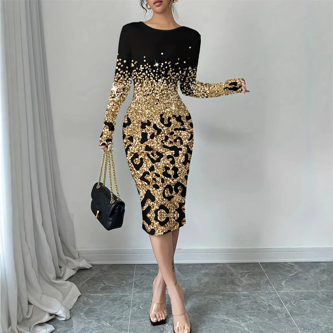 Women Fashion Casual Autumn Leopard Gradient Print Round Neck Long Sleeve Long Dress