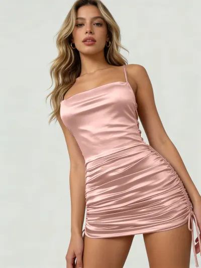 Women Sexy Solid Color Drawstring Pleated Sling Mini Dress