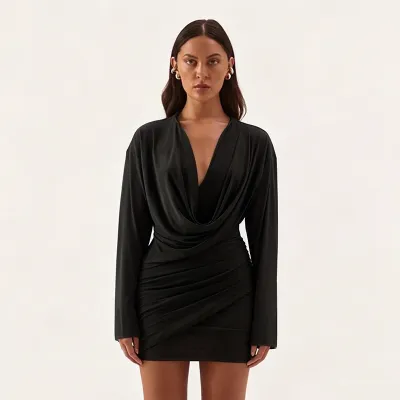 Women Autumn Winter Fashion Plaid Print Cowl Neck Long Sleeve Mini Dress