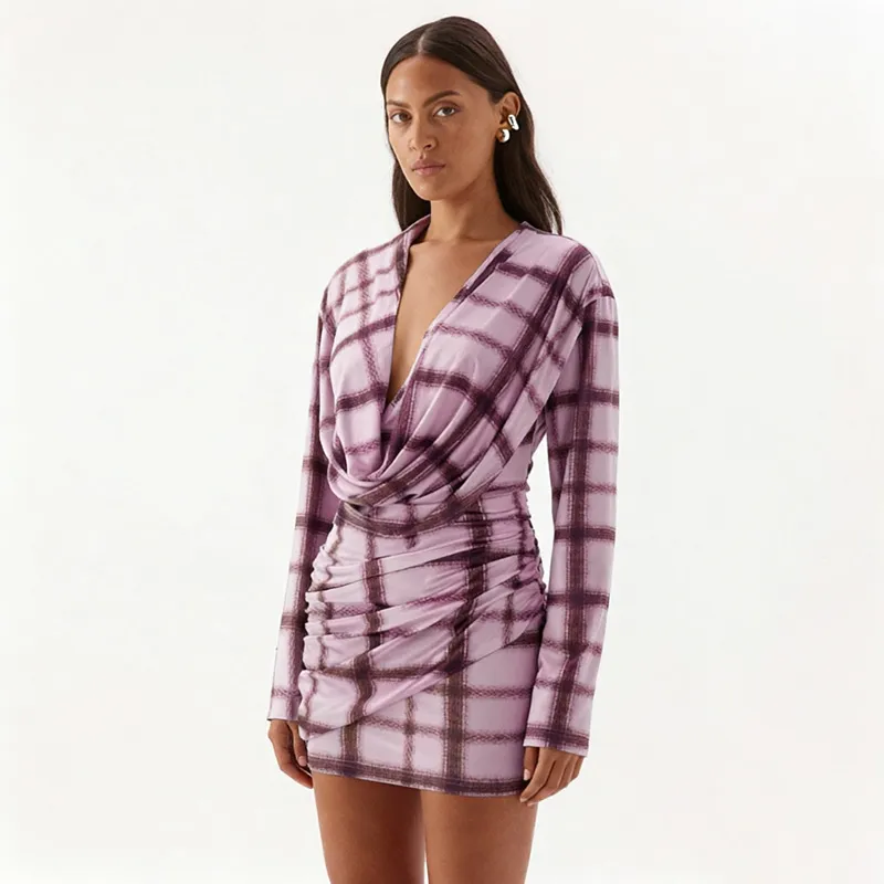 Women Autumn Winter Fashion Plaid Print Cowl Neck Long Sleeve Mini Dress