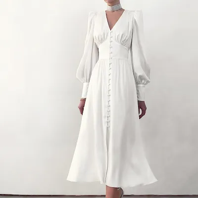 Women Elegant Casual Long Sleeve Single-Breasted Long Sleeve Midi Dress